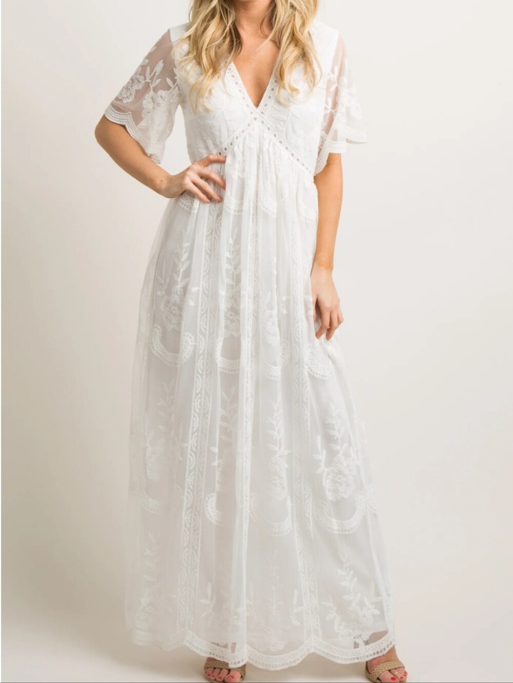 PinkBlush White Lace Mesh Overlay Maxi Dress
